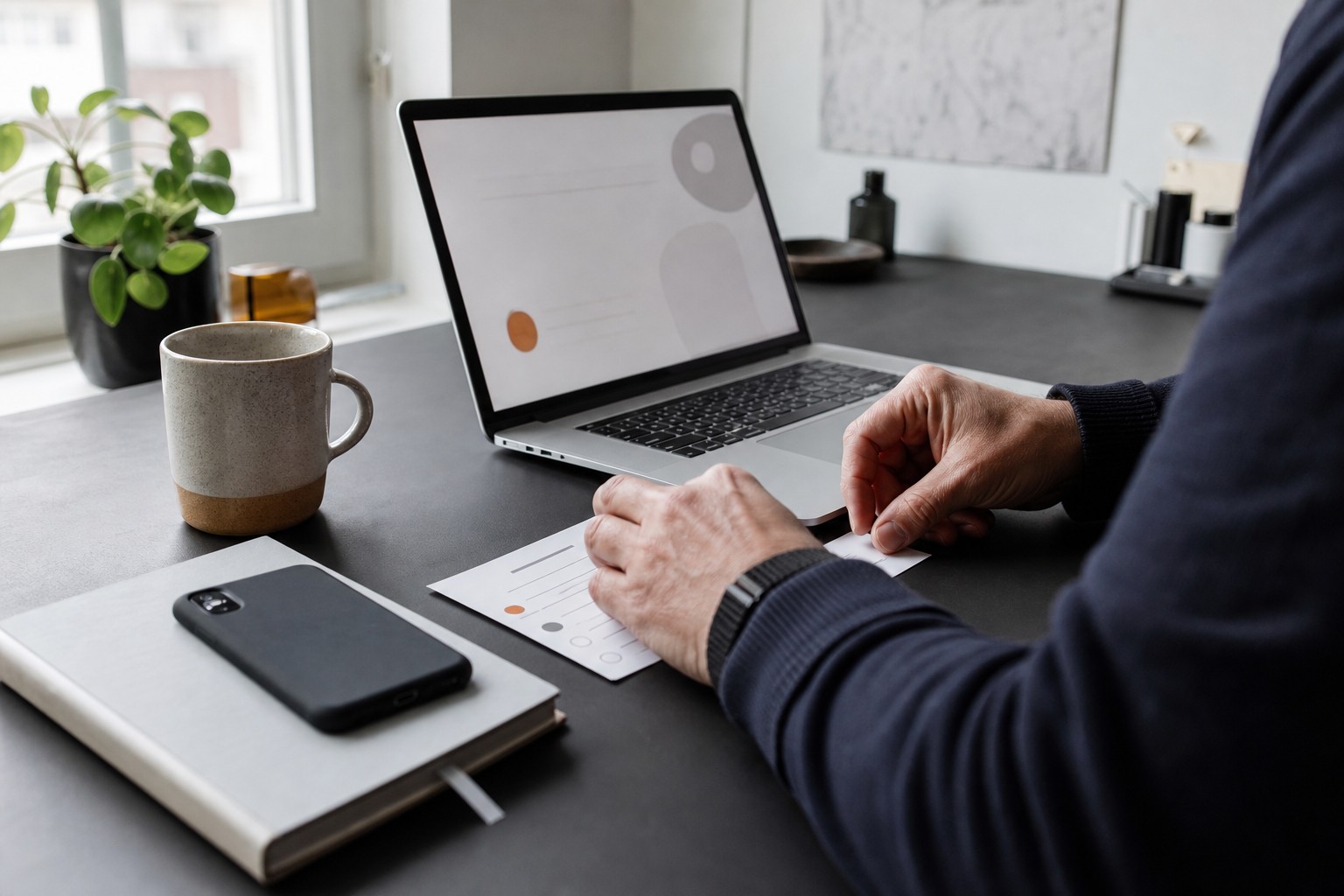 Persoon legt een eenvoudige papieren planning naast laptop en omgekeerde smartphone