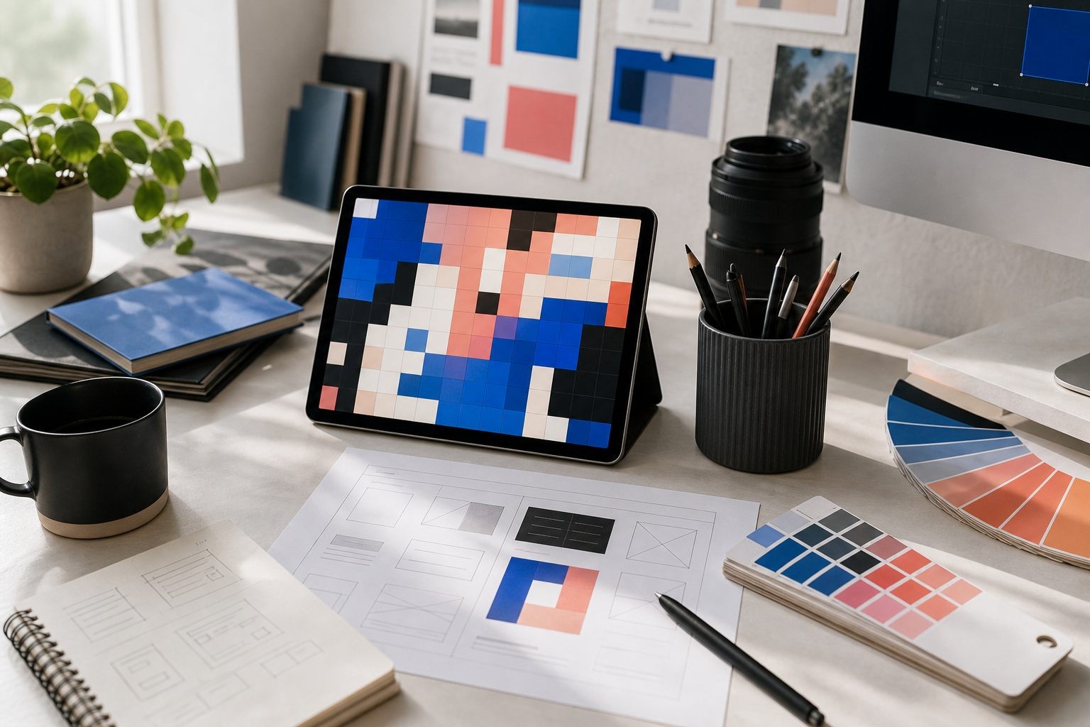Werktafel met tablet, kleurstalen en uitgewerkte schetsen voor een digitale interface