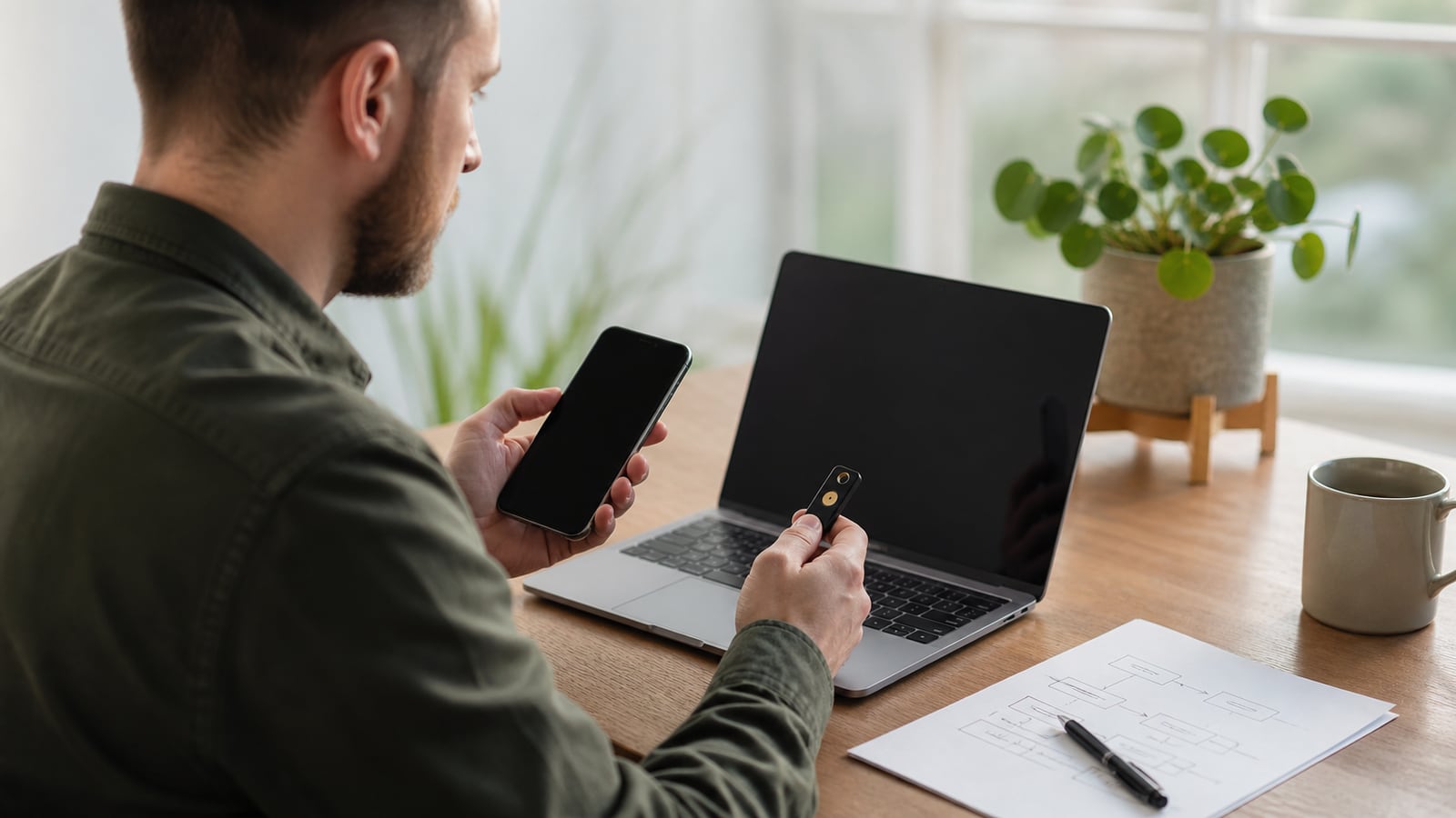Persoon stelt een passkey in met laptop, telefoon en beveiligingssleutel