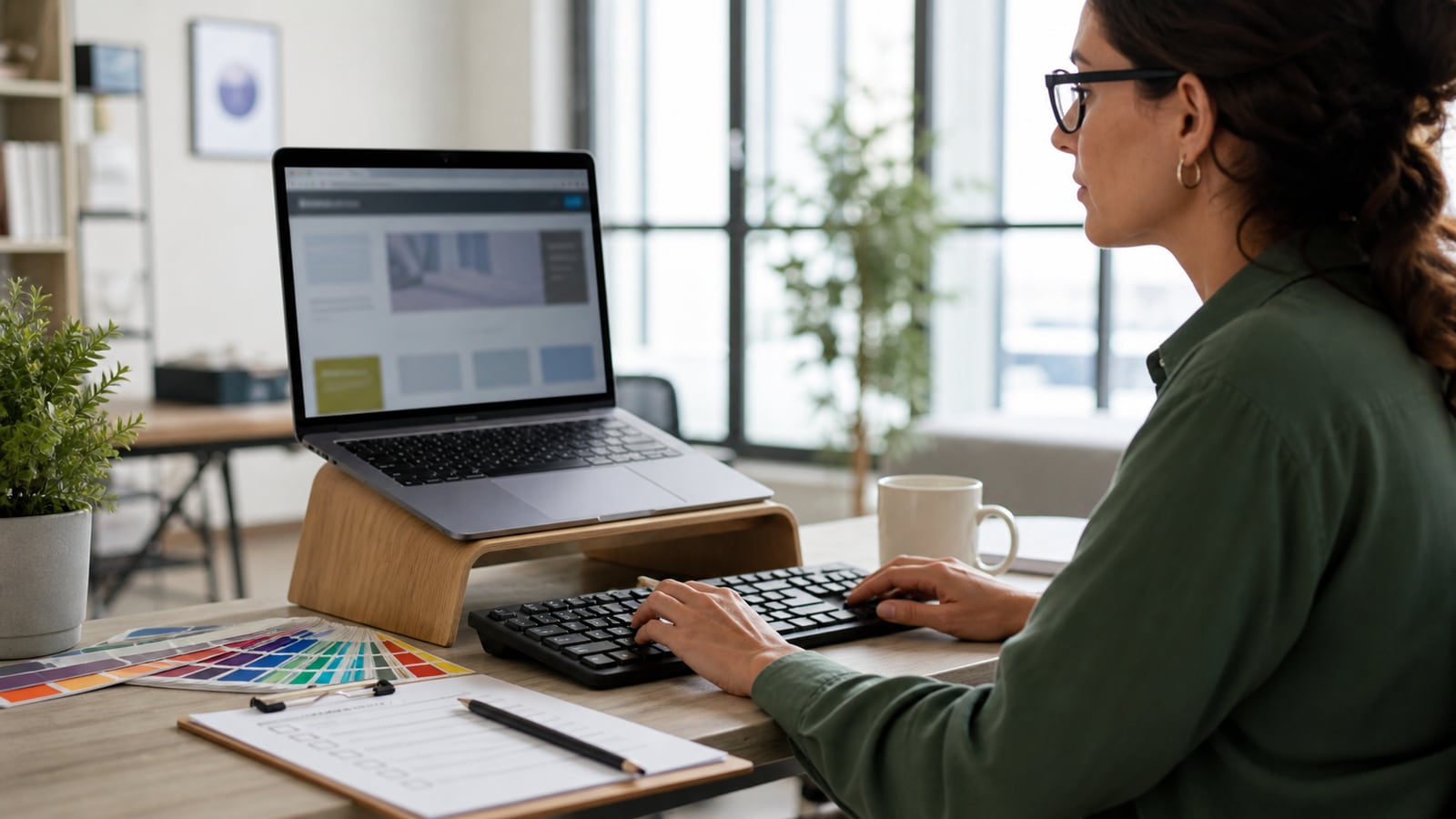 Webdesigner test een website met toetsenbord, contraststalen en een checklist